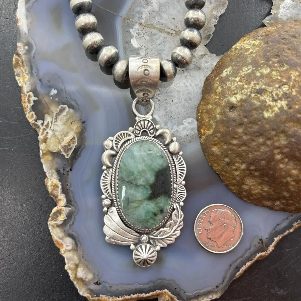 Sterling Silver Southwestern Style Oval Emerald Decorated Pendant For Women #1 - Picture 8 of 10